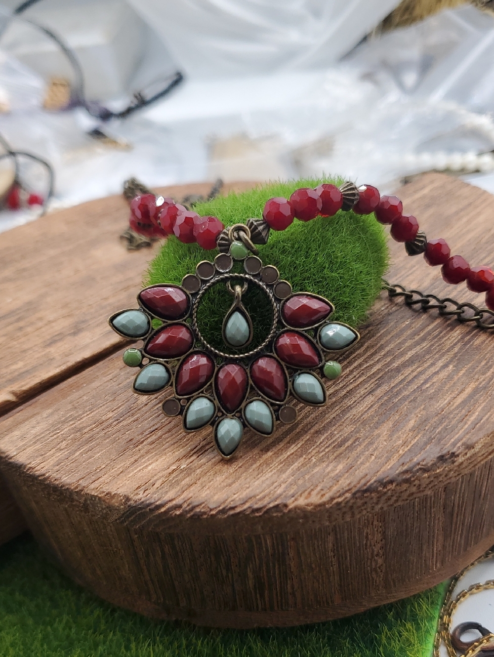 Bohemian Red & Mint Teardrop Pendant Necklace 26 Inch N0529
